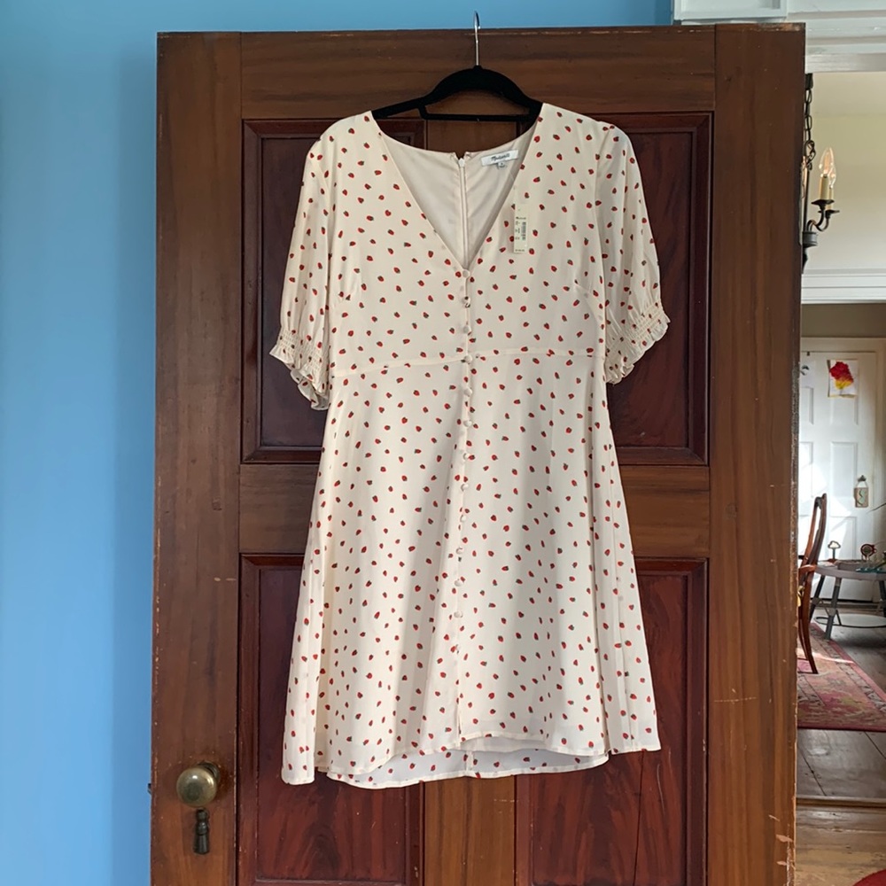 Madewell Silk Clover Front Button Strawberry Print Dress